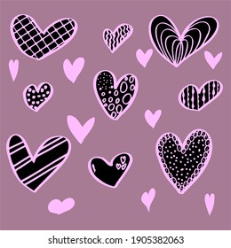 vector set of hearts on lilac background