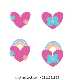 Vector set of hearts in pink color with patches and a rainbow on a white background. Vector flat design illustration.