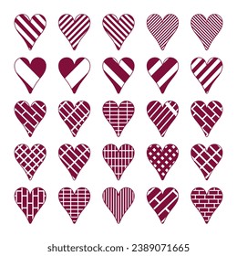 Vector set of hearts in red and white colors on a white background