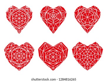 Vector set of hearts in the shape of gemstone, diamond or ruby. Red hearts. Creative design hearts for Valentine’s Day, wedding and others.