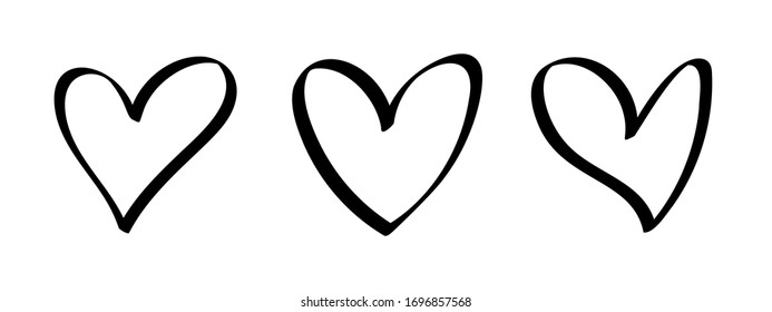 Vector set of hearts silhouette isolated on white background. Symbol of love. Hand drawn, cartoon style