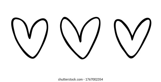 Vector set of hearts silhouette isolated on white background. Symbol of love. Hand drawn, cartoon style