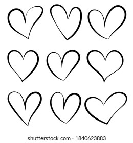 Vector set of hearts silhouette isolated on white background. Symbol of love. Hand drawn, cartoon style