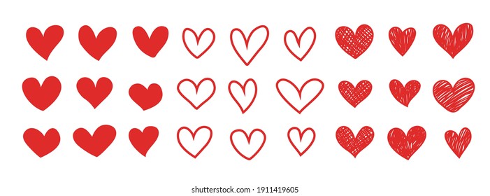 Vector set of hearts silhouettes and contours, isolated on white background. Symbol of love. Hand drawn, cartoon style.