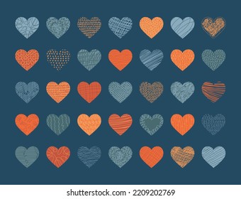 Vector set of hearts with texture. Patterns of hand drawn curves, lines, spots. Contemporary concept trend flat illustration. Doodle icons collection shaped backgrounds for social networks, posters