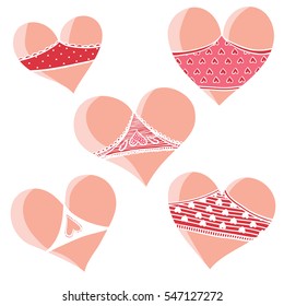 Vector set of hearts. Valentine's Day.  Hearts like cute asses. Collection of stylized hearts in shorts.
