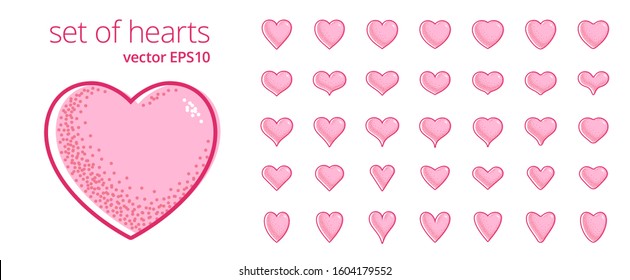 Vector set of hearts. Vintage symbols of love. Various heart-shaped icons. Pink fill with a white gap and knockout printing effect. Elements for wedding designs and celebration of Valentine's Day