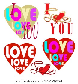 Vector set of hearts and the words "I", "LOVE", "YOU". Multicolored isolated elements on a white background.