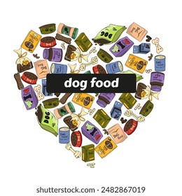 Vector set of heart-shaped Dog Food in cartoon style. Color image of pet food. Concept of caring and caring for pets. 