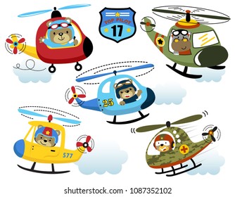 Vector set of helicopter cartoon with funny animals pilot