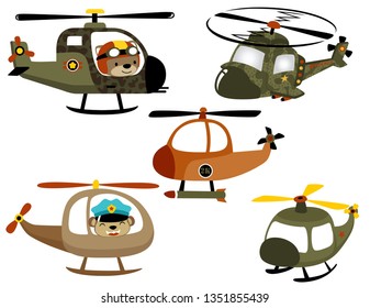 vector set of helicopter cartoon with funny animals pilot