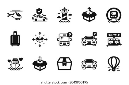 Vector set of Helicopter, Metro subway and Send box icons simple set. Get box, Bus parking and Shuttle bus icons. Air balloon, Baggage reclaim and Honeymoon cruise signs. Vector