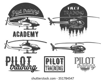 Vector set of helicopter school emblem, label, badges, logo and design elements. Pilot academy isolated icons in vintage style.