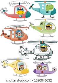 Vector set of helicopters cartoon with funny animals pilots