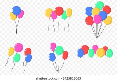 Vector set of helium balloons png. Bundles of balloons. Multi-colored helium balloons. Decoration, decor for the holiday.