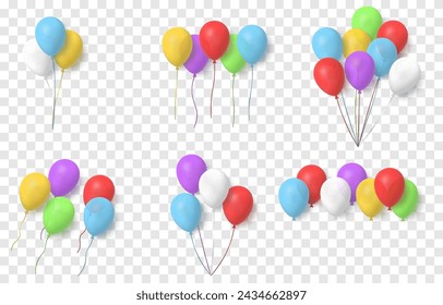 Vektor-Satz von Helium-Ballons png. Ballonpakete. Mehrfarbige Heliumballons. Dekoration für Urlauber.