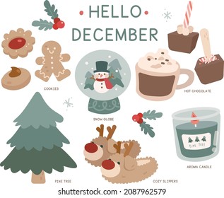 A vector set of hello Christmas icons: cookies, snow globe, snowman, hot chocolate, chocolate stick, peppermint, marshmallow, aroma candle, cozy slippers, pine tree, holly berries, reindeer, rudolf