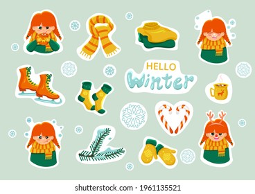 Vector set of hello winter. Red haired girl, hot chocolate, scarf, skates, socks, mittens, pine branch,candy,  folded sweater.