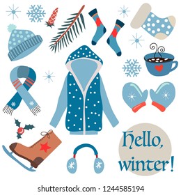Vector set. Hello, Winter. Various elements of winter attributes  Transparent background. All elements are isolated