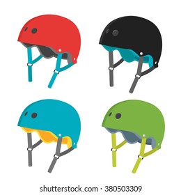 Vector Set Of Helmet Icons. Flat Helmets Isolated On White Background. Helmets For Extreme Sports- Roller Skating, Skateboarding And Biking. Flat Illustration Of Protective Gear.