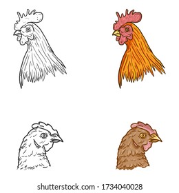 Vector Set of Hen and Rooster Faces. Cartoon and Sketch Illustrations