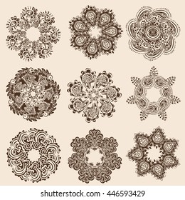 Vector set of hena round patterns, mandalas. Yoga logos geometric circle element. Decorative floral ornaments. Oriental flourish design