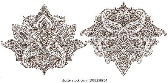 Vector set of henna floral elements based on traditional Asian ornaments. Paisley Mehndi Tattoo Doodles collection