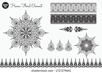 Vector set of henna floral elements. Ethnic Mandala ornament. Vector Henna tattoo style. Can be used for textile, greeting card, coloring book, phone case print.