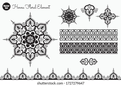 Vector set of henna floral elements. Ethnic Mandala ornament. Vector Henna tattoo style. Can be used for textile, greeting card, coloring book, phone case print.