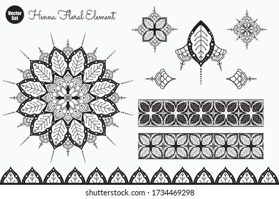 Vector set of henna floral elements. Ethnic Mandala ornament. Vector Henna tattoo style. Can be used for textile, greeting card, coloring book, phone case print.