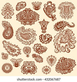 Vector Set of henna floral elements based on traditional Asian ornaments. Paisley Mehndi Tattoo Doodles collection