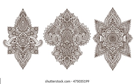 Vector Set Of Henna Floral Elements Based On Traditional Asian Ornaments. Paisley Mehndi Tattoo Doodles Collection