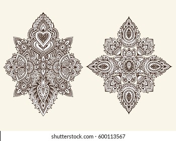 Vector set of henna floral elements based on traditional Asian ornaments. Paisley Mehndi Tattoo Doodles collection.