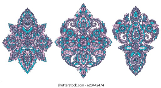 Vector set of henna floral elements based on traditional Asian ornaments. Paisley Mehndi Tattoo Doodles collection.