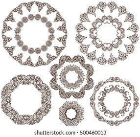 Vector set of henna floral round frames based on traditional Asian ornaments. Paisley Mehndi Tattoo Doodles collection. Templates for cards, invitations.