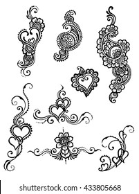 vector set of henna style hearts and paisley design.  Paisley Mehndi Tattoo Drawing collection