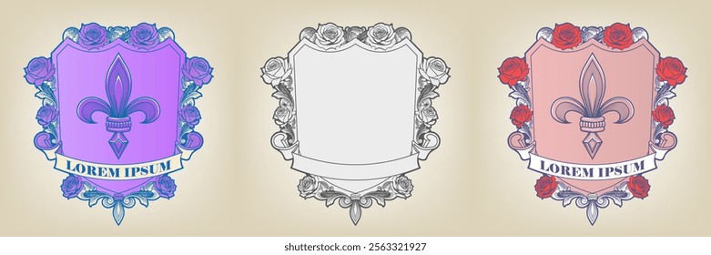 Vector set of heraldic coats of arms or emblems. Shield, stylistic lily, roses and ribbon. State vintage symbol. Sample, blank example.