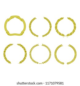Vector set of heraldic gold wreaths of olive branches, oak leaves, ribbons.