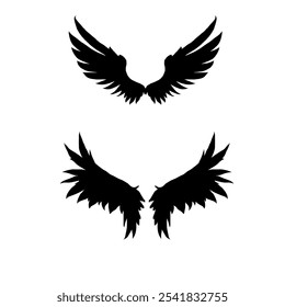 A Vector set of heraldic Icarus wings. Collection of black angel or bird wings with feathers. Design element for tattoo, logo or mascot. Birds Wings for background vector for logo. Wings of Icarus.