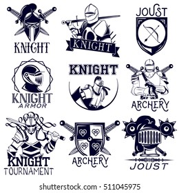 Vector set of heraldic knight labels in vintage style. Design elements, icons, logo, emblems and badges isolated on white background. Knight warrior helmet and sword
