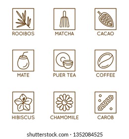 Vector set of herbal organic tea and drinks badges and icons in linear style - healthy drinks caffeine free packaging design elements - matcha, mate and puer tea,  cacao, carob and coffee, hibiscus