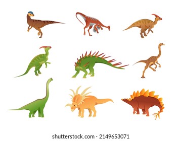 Vector set of herbivorous dinosaurs isolated on a white background. Dinosaur, Ankylosaurus, Dinosaur, Parasaurolophus, Stegosaurus, Pteranodon, Brontosaurus, Velociraptor, Brachiosaurus, Triceratops.