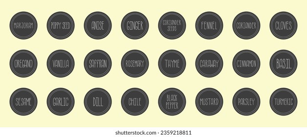 Vector set of herbs and spices stickers on dark grey background with handwritten text. Labels for packaging, food containers, SPA, cosmetics, healthcare, etc.
