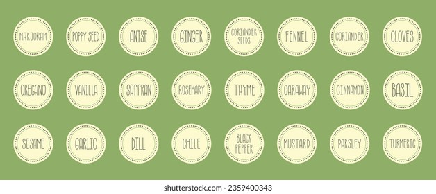 Conjunto vectorial de hierbas y pegatinas especias sobre fondo gris oscuro con texto escrito a mano. Etiquetas para envases, envases de alimentos, SPA, cosméticos, asistencia sanitaria, etc.