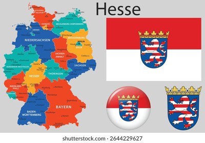 Vector set of Hesse including the official flag, coat of arms, and updated map. Part of the complete German flag and emblem collection.