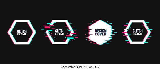Vector set of hexagon frames in distorted glitch style. Geometric shape in distorted glitch style. Modern trendy backgrounds for design banner, poster, cover