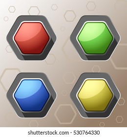 Vector set of hexagon glass icon with glow and mesh pattern different colors on the dark brown background with pattern.