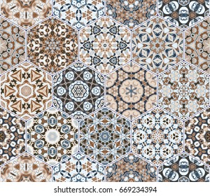 Vector set of hexagonal tiles. Seamless pattern with oriental motifs. Rich decorative elements for the design of ceramics, textiles or printing.