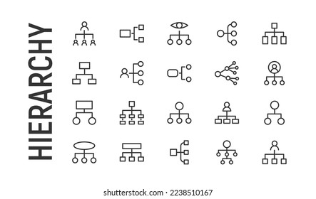 Vector set of hierarchy thin line icons. Design of 20 stroke pictograms. Signs of hierarchy isolated on a white background.