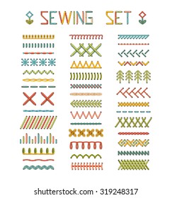 Vector set of high detailed stitches and seams. Various sewing design elements isolated on white background. All used pattern brushes included.